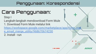 Cara Penggunaan:
Penggunaan: Korespondensi
Step I
Langkah-langkah mendownload Form Mule
1. Download Form Mule melalui link
https://workspace.google.com/marketplace/app/form_mul
e_email_merge_utility/968670674230
2. Install - run
 