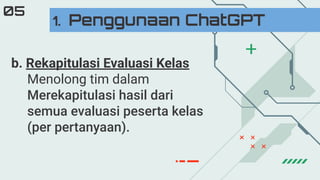 b. Rekapitulasi Evaluasi Kelas
Menolong tim dalam
Merekapitulasi hasil dari
semua evaluasi peserta kelas
(per pertanyaan).
1. Penggunaan ChatGPT
05
 