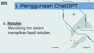c. Notulen
Menolong tim dalam
merapikan hasil notulen.
1. Penggunaan ChatGPT
05
 
