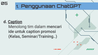 d. Caption
Menolong tim dalam mencari
ide untuk caption promosi
(Kelas, Seminar/Training..)
1. Penggunaan ChatGPT
05
 