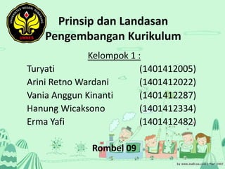 Prinsip dan Landasan 
Pengembangan Kurikulum 
Kelompok 1 : 
Turyati (1401412005) 
Arini Retno Wardani (1401412022) 
Vania Anggun Kinanti (1401412287) 
Hanung Wicaksono (1401412334) 
Erma Yafi (1401412482) 
Rombel 09 
 