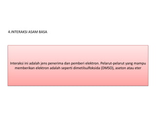 4.INTERAKSI ASAM BASA




 Interaksi ini adalah jens penerima dan pemberi elektron. Pelarut-pelarut yang mampu
    memberikan elektron adalah seperti dimetilsulfoksida (DMSO), aseton atau eter
 