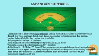 LAPANGAN SOFTBALL
Lapangan sofbol berbentuk bujur sangkar. Dibagi menjadi daerah fair (fair territory) dan
daerah foul (foul territory). Lebih jauh dalam daerah fair terbagi menjadi dua bagian,
bagian dalam (Infield), dan bagian luar (outfield).
Panjang setiap sisinya 16,76 meter
Jarak dari home base ke tempat pelempar adalah 13,07 meter
Tempat pelempar berdiri(berukuran 60*15 meter)
Softball terdiri I,II,III,dan IV, base IV langsung tempat pemukul (home base).setiap base
terdiri dari karet aytau kanvas yang merupakan bantalan< dengan ukuran masing masing
base 38*38 cm<dantebal5-12,5cmkecualihome base berukuran 42,5821,5cm,sisi
puncaknya berukuran 30 cm.
 