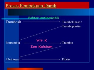 Proses Pembekuan DarahProses Pembekuan Darah
Trombosit Trombokinase /
Tromboplastin
Protrombin Trombin
Fibrinogen Fibrin
 