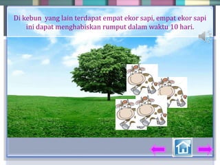 Di kebun yang lain terdapat empat ekor sapi, empat ekor sapi
ini dapat menghabiskan rumput dalam waktu 10 hari.
 