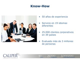 Know-How


   • 50 años de experiencia

   • Servicio en 19 idiomas
     diferentes

   • 25.000 clientes corporativos
     en 39 países

   • Evaluado más de 3 millones
     de personas
 