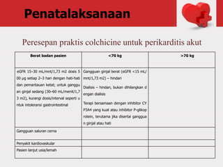 Peresepan praktis colchicine untuk perikarditis akut
Berat badan pasien <70 kg >70 kg
eGFR 15–30 mL/mnt/1,73 m2 dosis 5
00 μg setiap 2–3 hari dengan hati-hati
dan pemantauan ketat; untuk ganggu
an ginjal sedang (30–60 mL/menit/1,7
3 m2), kurangi dosis/interval seperti u
ntuk intoleransi gastrointestinal
Gangguan ginjal berat (eGFR <15 mL/
mnt/1,73 m2) – hindari
Dialisis – hindari, bukan dihilangkan d
engan dialisis
Terapi bersamaan dengan inhibitor CY
P3A4 yang kuat atau inhibitor P-glikop
rotein, terutama jika disertai ganggua
n ginjal atau hati
Gangguan saluran cerna
Penyakit kardiovaskular
Pasien lanjut usia/lemah
Penatalaksanaan
 