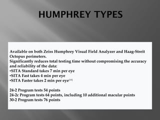 HUMPHREY TYPES
Available on both Zeiss Humphrey Visual Field Analyzer and Haag-Streit
Octopus perimeters.
Significantly reduces total testing time without compromising the accuracy
and reliability of the data:
•SITA Standard takes 7 min per eye
•SITA Fast takes 4 min per eye
•SITA Faster takes 2 min per eye[18]
24-2 Program tests 54 points
24-2c Program tests 64 points, including 10 additional macular points
30-2 Program tests 76 points
 