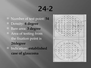 24-2
 Number of test point: 54
 Density: 6 degree
 Bare area: 3 degree
 Area of testing from
the fixation point is
24degree
 Indication: established
case of glaucoma
 