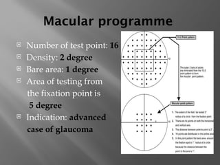 Macular programme
 Number of test point: 16
 Density: 2 degree
 Bare area: 1 degree
 Area of testing from
the fixation point is
5 degree
 Indication: advanced
case of glaucoma
 