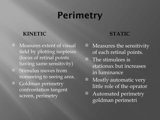 Perimetry
KINETIC STATIC
 Measures extent of visual
tield by plotting isoptesss
(locus of retinal points
having same sensitivity)
 Stimulus moves from
nonseeing to seeing area.
 Goldman perimetry
confrontation tangent
screen, perimetry
 Measures the sensitivity
of each retinal points.
 The stimulees is
stationax but increases
in luminance
 Mostly automatic very
little role of the oprator
 Automated perimetry
goldman perimetri
 