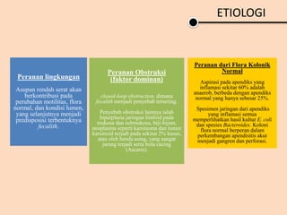 ETIOLOGI
Peranan lingkungan
Asupan rendah serat akan
berkontribusi pada
perubahan motilitas, flora
normal, dan kondisi lumen,
yang selanjutnya menjadi
predisposisi terbentuknya
fecalith.
Peranan Obstruksi
(faktor dominan)
closed-loop obstruction, dimana
fecalith menjadi penyebab tersering.
Penyebab obstruksi lainnya ialah
hiperplasia jaringan limfoid pada
mukosa dan submukosa, biji-bijian,
neoplasma seperti karsinoma dan tumor
karsinoid terjadi pada sekitar 2% kasus,
atau oleh benda asing, yang sangat
jarang terjadi serta bola cacing
(Ascaris).
Peranan dari Flora Kolonik
Normal
Aspirasi pada apendiks yang
inflamasi sekitar 60% adalah
anaerob, berbeda dengan apendiks
normal yang hanya sebesar 25%.
Spesimen jaringan dari apendiks
yang inflamasi semua
memperlihatkan hasil kultur E. coli
dan spesies Bacteroides. Koloni
flora normal berperan dalam
perkembangan apendisitis akut
menjadi gangren dan perforasi.
 