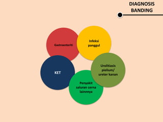 Gastroenteriti
Infeksi
panggul
KET
Penyakit
saluran cerna
lainnnya
Urolitiasis
pielium/
ureter kanan
DIAGNOSIS
BANDING
 