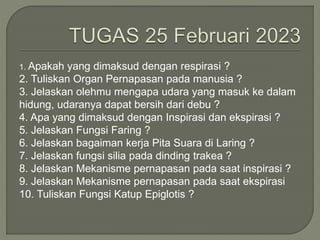 1. Apakah yang dimaksud dengan respirasi ?
2. Tuliskan Organ Pernapasan pada manusia ?
3. Jelaskan olehmu mengapa udara yang masuk ke dalam
hidung, udaranya dapat bersih dari debu ?
4. Apa yang dimaksud dengan Inspirasi dan ekspirasi ?
5. Jelaskan Fungsi Faring ?
6. Jelaskan bagaiman kerja Pita Suara di Laring ?
7. Jelaskan fungsi silia pada dinding trakea ?
8. Jelaskan Mekanisme pernapasan pada saat inspirasi ?
9. Jelaskan Mekanisme pernapasan pada saat ekspirasi
10. Tuliskan Fungsi Katup Epiglotis ?
 