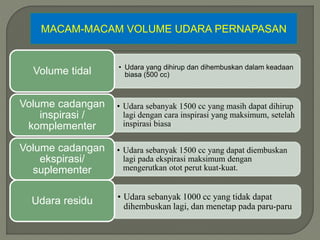MACAM-MACAM VOLUME UDARA PERNAPASAN
• Udara yang dihirup dan dihembuskan dalam keadaan
biasa (500 cc)
Volume tidal
• Udara sebanyak 1500 cc yang masih dapat dihirup
lagi dengan cara inspirasi yang maksimum, setelah
inspirasi biasa.
Volume cadangan
inspirasi /
komplementer
• Udara sebanyak 1500 cc yang dapat diembuskan
lagi pada ekspirasi maksimum dengan
mengerutkan otot perut kuat-kuat.
Volume cadangan
ekspirasi/
suplementer
• Udara sebanyak 1000 cc yang tidak dapat
dihembuskan lagi, dan menetap pada paru-paru
Udara residu
 