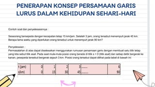 PENERAPAN KONSEP PERSAMAAN GARIS
LURUS DALAM KEHIDUPAN SEHARI-HARI
Contoh soal dan penyelesaiannya :
Seseorang bersepeda dengan kecepatan tetap 15 km/jam. Setelah 3 jam, orang tersebut menempuh jarak 45 km.
Berapa lama waktu yang diperlukan orang tersebut untuk menempuh jarak 90 km?
Penyelesaian :
Permasalahan di atas dapat diselesaikan menggunakan rumusan persamaan garis dengan membuat satu titik tetap
yang kita sebut titik asal. Pada saat mula-mula posisi orang berada di titik s = 0 (titik asal) dan setiap detik bergerak ke
kanan, pesepeda tersebut bergerak sejauh 3 km. Posisi orang tersebut dapat dilihat pada tabel di bawah ini:
 