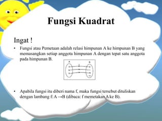 Fungsi Kuadrat
Ingat !
• Fungsi atau Pemetaan adalah relasi himpunan A ke himpunan B yang
memasangkan setiap anggota himpunan A dengan tepat satu anggota
pada himpunan B.
• Apabila fungsi itu diberi nama f, maka fungsi tersebut dituliskan
dengan lambang f:A→B (dibaca: f memetakan Ake B).
 