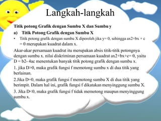 Langkah-langkah
Titik potong Grafik dengan Sumbu X dan Sumbu y
a) Titik Potong Grafik dengan Sumbu X
• Titik potong grafik dengan sumbu X diperoleh jika y= 0, sehingga ax2+bx + c
= 0 merupakan kuadrat dalam x.
Akar-akar persamaan kuadrat itu merupakan absis titik-titik potongnya
dengan sumbu x. nilai diskriminan persamaan kuadrat ax2+bx+c= 0, yaitu
D = b2- 4ac menentukan banyak titik potong grafik dengan sumbu x.
1. jika D>0, maka grafik fungsi f memotong sumbu x di dua titik yang
berlainan.
2.Jika D=0, maka grafik fungsi f memotong sumbu X di dua titik yang
berimpit. Dalam hal ini, grafik fungsi f dikatakan menyinggung sumbu X.
3. Jika D<0, maka grafik fungsi f tidak memotong maupun menyinggung
sumbu x.
 