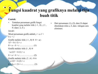 Fungsi kuadrat yang grafiknya melalui tiga
buah titik
Contoh:
• Tentukan persamaan grafik fungsi
kuadrat yang melalui titik (–1 , 0) , ( 1 ,
8 ) dan ( 2, 6 ).
Jawab :
Misal persamaan grafik adalah y = a x2 +
b x + c
Grafik melalui titik (–1 , 0) ® 0 = a(–
1)2 + b (–1) + c
0 = a – b + c ………………. (1)
Grafik melalui titik (1 , 8) ®
=a (1)2 + b (1) + c
8 = a + b + c ………………. (2)
Grafik melalui titik ( 2 , 6 ) ® 6
= a (2)2 + b (2) + c
6 = 4 a + 2 b + c …………… (3)
• Dari persamaan (1), (2), dan (3) dapat
ditentukan nilai a, b, dan c dengan cara
eliminasi.
 