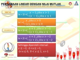 SELASA, November 2016 14
MENU
EXAMPLE 6
Beranda
Ix – 1I ={
𝑥 − 1, 𝑗𝑖𝑘𝑎 𝑥 > 1
− 𝑥 − 1 , 𝑗𝑖𝑘𝑎 𝑥 ≤ 1
Ix I ={
𝑥 , 𝑗𝑖𝑘𝑎 𝑥 > 0
− 𝑥 , 𝑗𝑖𝑘𝑎 𝑥 ≤ 0
Ix + 1I ={
𝑥 + 1 , 𝑗𝑖𝑘𝑎 𝑥 > −1
− 𝑥 + 1 , 𝑗𝑖𝑘𝑎 𝑥 ≤ −1
Ix + 2I ={
𝑥 + 2 , 𝑗𝑖𝑘𝑎 𝑥 > −2
− 𝑥 + 2 , 𝑗𝑖𝑘𝑎 𝑥 ≤ −2
Sehingga diperoleh interval:
𝑥 ≤ −2, -2 < x ≤ −1,
-1< x ≤ 0, 0 < 𝑥 ≤ 1, x > 1
 