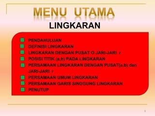 LINGKARAN
PENDAHULUAN
DEFINISI LINGKARAN
LINGKARAN DENGAN PUSAT O JARI-JARI r
POSISI TITIK (a,b) PADA LINGKARAN
PERSAMAAN LINGKARAN DENGAN PUSAT(a,b) dan
JARI-JARI r
PERSAMAAN UMUM LINGKARAN
PERSAMAAN GARIS SINGGUNG LINGKARAN
PENUTUP
1
 