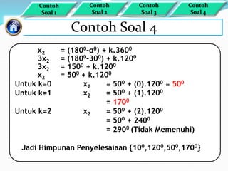 Contoh Soal 4
x2 = (1800–α0) + k.3600
3x2 = (1800–300) + k.1200
3x2 = 1500 + k.1200
x2 = 500 + k.1200
Untuk k=0 x2 = 500 + (0).1200 = 500
Untuk k=1 x2 = 500 + (1).1200
= 1700
Untuk k=2 x2 = 500 + (2).1200
= 500 + 2400
= 2900 (Tidak Memenuhi)
Jadi Himpunan Penyelesaiaan {100,1200,500,1700}
Contoh
Soal 1
Contoh
Soal 4
Contoh
Soal 3
Contoh
Soal 2
 