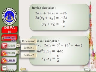 Jumlah akar-akar :
Hasil kali akar-akar :Pertemuan 1
Pertemuan 2Latihan 1
Latihan 2
 