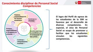 Conocimiento disciplinar de Personal Social
El logro del Perfil de egreso de
los estudiantes de la EBR se
favorece por el desarrollo de
diversas competencias. En
especial, el área de Personal
Social se ocupa de promover y
facilitar que los estudiantes
vinculen las siguientes
competencias.
Competencias
Gestiona
responsablemente
los recursos
económicos
Construye su
identidad
Convive y participa
democráticamente
en la búsqueda del
bien común
Gestiona
responsablemen
te el espacio y el
ambiente
Construye
interpretaciones
históricas
 
