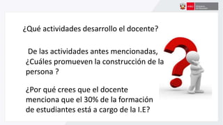 ¿Por qué crees que el docente
menciona que el 30% de la formación
de estudiantes está a cargo de la I.E?
De las actividades antes mencionadas,
¿Cuáles promueven la construcción de la
persona ?
¿Qué actividades desarrollo el docente?
 