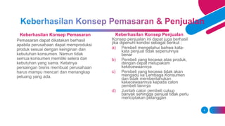 Keberhasilan Konsep Pemasaran
Pemasaran dapat dikatakan berhasil
apabila perusahaan dapat memproduksi
produk sesuai dengan keinginan dan
kebutuhan konsumen. Namun tidak
semua konsumen memiliki selera dan
kebutuhan yang sama. Ketatnya
persaingan bisnis membuat perusahaan
harus mampu mencari dan menangkap
peluang yang ada.
Keberhasilan Konsep Penjualan
Konsep penjualan ini dapat juga berhasil
jika dipenuhi kondisi sebagai berikut :
a) Pembeli mengetahui bahwa kata-
kata penjual tidak sepenuhnya
benar
b) Pembeli yang kecewa atas produk,
dengan cepat melupakam
kekecewaannya
c) Pembeli yang kecewa tidak akan
mengadu ke Lembaga Konsumen
dan tidak memberitahukan
kekecewaannya kepada calon
pembeli lainnya
d) Jumlah calon pembeli cukup
banyak sehingga penjual tidak perlu
menciptakan pelanggan
6
 