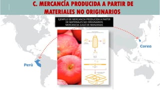 C. MERCANCÍA PRODUCIDA A PARTIR DE
MATERIALES NO ORIGINARIOS
EJEMPLO DE MERCANCIA PRODUCIDA A PARTIR
DE MATERIALES NO ORIGINARIOS
MERCANCIA: JUGO DE MANZANAS
 