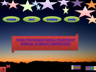 kelompok materi kesimpulan penutup
Teori Perubahan Sosial Perspektif
Konflik (Conflict Perpective)
 