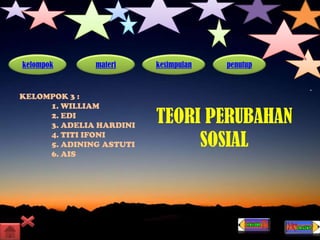 kelompok materi kesimpulan penutup
KELOMPOK 3 :
1. WILLIAM
2. EDI
3. ADELIA HARDINI
4. TITI IFONI
5. ADINING ASTUTI
6. AIS
TEORI PERUBAHAN
SOSIAL
 