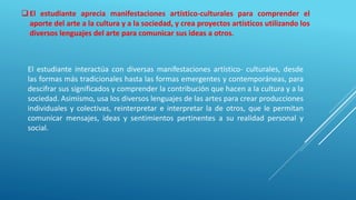 El estudiante interactúa con diversas manifestaciones artístico- culturales, desde
las formas más tradicionales hasta las formas emergentes y contemporáneas, para
descifrar sus significados y comprender la contribución que hacen a la cultura y a la
sociedad. Asimismo, usa los diversos lenguajes de las artes para crear producciones
individuales y colectivas, reinterpretar e interpretar la de otros, que le permitan
comunicar mensajes, ideas y sentimientos pertinentes a su realidad personal y
social.
El estudiante aprecia manifestaciones artístico-culturales para comprender el
aporte del arte a la cultura y a la sociedad, y crea proyectos artísticos utilizando los
diversos lenguajes del arte para comunicar sus ideas a otros.
 