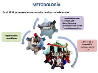 METODOLOGÍA
QUERER
SABER
PODER
En el PESA se cubren los tres niveles de desarrollo humano:
A través de la
Promoción
realizada por la
ADR
Desarrollo de
capacidades
Financiamiento de:
• Servicios ADR
• Obras de agua y
conservación de suelos
• Proyectos productivos
 