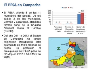 • El PESA atiende 8 de los 11
municipios del Estado. De los
cuáles 2 de los municipios,
Carmen y Escarcega, atendidos
forman parte de la Cruzada
Nacional contra el Hambre
(CNCH).
• Del año 2011 a 2013 el Estado
de Campeche ha tenido
asignación presupuestal total
acumulada de 118.9 millones de
pesos. En particular, el
presupuesto del PESA pasó de
32 Mdp en 2012 a 51.9 Mdp en
2013.
6 8
180
7 8
210
0
40
80
120
160
200
240
Número de
ADR en el
Estado
Número de
Municipios
atendidos por
el PESA
Número de
Localidades
atendidas por
el PESA
2011 2012
El PESA en Campeche
 