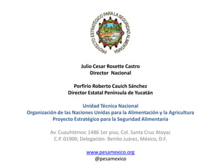 Julio Cesar Rosette Castro
Director Nacional
Porfirio Roberto Cauich Sánchez
Director Estatal Península de Yucatán
Unidad Técnica Nacional
Organización de las Naciones Unidas para la Alimentación y la Agricultura
Proyecto Estratégico para la Seguridad Alimentaria
Av. Cuauhtémoc 1486 1er piso, Col. Santa Cruz Atoyac
C.P. 01900, Delegación: Benito Juárez, México, D.F.
www.pesamexico.org
@pesamexico
 