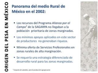 ORIGENDELPESAENMÉXICO Panorama del medio Rural de
México en el 2002:
 Los recursos del Programa Alianza por el
Campo1
de la SAGARPA no llegaban a la
población prioritaria de zonas marginadas.
 Los mínimos apoyos aplicados en este sector
de productores no generaban riqueza.
 Mínima oferta de Servicios Profesionales en
zonas rurales de alta marginación.
 Se requería una estrategia diferenciada de
desarrollo rural para las zonas marginadas.
1
Conjunto de subsidios para la producción agropecuaria
 