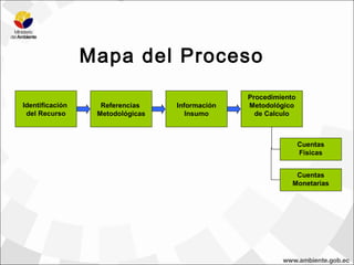Mapa del Proceso
                                                Procedimiento
Identificación     Referencias    Información   Metodológico
 del Recurso      Metodológicas      Insumo       de Calculo



                                                                Cuentas
                                                                Físicas


                                                             Cuentas
                                                            Monetarias
 