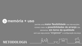 METODOLOGIA
3 memória + uso
permite uma maior flexibilidade nas intervenções:
número maior de possibilidades de arranjo dos
elementos em torno da qualidade
sem que seja preciso “engessar” a configuração da praça
 