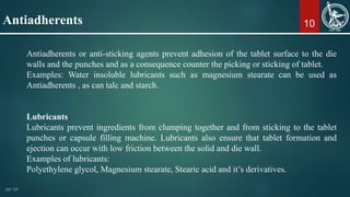 10
Antiadherents or anti-sticking agents prevent adhesion of the tablet surface to the die
walls and the punches and as a consequence counter the picking or sticking of tablet.
Examples: Water insoluble lubricants such as magnesium stearate can be used as
Antiadherents , as can talc and starch.
Lubricants:
Lubricants prevent ingredients from clumping together and from sticking to the tablet
punches or capsule filling machine. Lubricants also ensure that tablet formation and
ejection can occur with low friction between the solid and die wall.
Examples of lubricants:
Polyethylene glycol, Magnesium stearate, Stearic acid and it’s derivatives.
Antiadherents
 