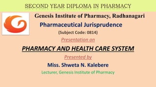 Anti-Protozoal Drugs
SECOND YEAR DIPLOMA IN PHARMACY
Genesis Institute of Pharmacy, Radhanagari
Pharmaceutical Jurisprudence
(Subject Code: 0814)
Presentation on
PHARMACY AND HEALTH CARE SYSTEM
Presented by
Miss. Shweta N. Kalebere
Lecturer, Genesis Institute of Pharmacy
 