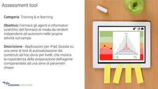 28
Assessment tool
Categoria: Training & e-learning
Obiettivo: Formare gli agenti e informatori
scientifici del farmaco di modo da renderli
indipendenti ed autonomi nelle proprie
attività sul campo
Descrizione : Applicazioni per iPad, basata su
una serie di test di autovalutazione dai
contenuti ad hoc divisi per livelli, che mostra
la rispondenza della preparazione dell’agente
comparandola ad una serie di parametri
chiave
 