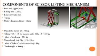 COMPONENTS OF SCISSOR LIFTING MECHANISM
 Base and Upper plate
 Lifting Arm (Links)
 Lead screw and nut
 Tie rod
 Motor , Bearing , Gears , Chain
 Mass to be put on lift : 300kg
 Taking FOS = 1.5 for mass in pallet 300x 1.5 = 450 kg
 Mass of top frame= 22.5 kg
 Mass of each link: 5kg (5*4)=20kg
 Mass of links of cylinder mounting= 4kg
 Total weight = 500kg
 