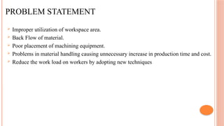 PROBLEM STATEMENT
 Improper utilization of workspace area.
 Back Flow of material.
 Poor placement of machining equipment.
 Problems in material handling causing unnecessary increase in production time and cost.
 Reduce the work load on workers by adopting new techniques
 