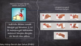 Langkah-langkah
mencuci tangan
Individu dalam rumah
tangga yg berumur > 10
th mempunyai kebiasaan
mencuci tangan dengan
air bersih dan sabun
Mencuci tangan dg air
bersih dan sabun
ilaku Hidup Bersih dan Sehat (PHBS)
 