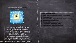 Menggunakan jamban
sehat
RT yang memiliki atau
menggunakan jamban
leher angsa dengan tangki
septik atau lubang
penampungan kotoran
sebagai pembuangan akhir
Syarat jamban sehat
1. Jauh dari sumber air minum > 10 meter
2. Tidak berbau
3. Kotoran tidak dapat dijamah tikus/ serangga
4. Tidak mencemari tanah
5. Mudah dibersihkan dan aman
6. Dilengkapi dinding & atap
7. Penerangan & ventilasi cukup
ilaku Hidup Bersih dan Sehat (PHBS)
 
