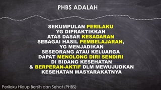 PHBS ADALAH
SEKUMPULAN PERILAKU
YG DIPRAKTIKKAN
ATAS DASAR KESADARAN
SEBAGAI HASIL PEMBELAJARAN,
YG MENJADIKAN
SESEORANG ATAU KELUARGA
DAPAT MENOLONG DIRI SENDIRI
DI BIDANG KESEHATAN
& BERPERAN-AKTIF DLM MEWUJUDKAN
KESEHATAN MASYARAKATNYA
Perilaku Hidup Bersih dan Sehat (PHBS)
 
