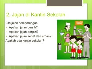 2. Jajan di Kantin Sekolah
Bila jajan sembarangan
• Apakah jajan bersih?
• Apakah jajan bergizi?
• Apakah jajan sehat dan aman?
Apakah ada kantin sekolah?
 