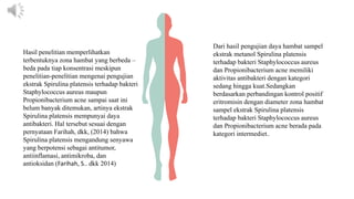 Hasil penelitian memperlihatkan
terbentuknya zona hambat yang berbeda –
beda pada tiap konsentrasi meskipun
penelitian-penelitian mengenai pengujian
ekstrak Spirulina platensis terhadap bakteri
Staphylococcus aureus maupun
Propionibacterium acne sampai saat ini
belum banyak ditemukan, artinya ekstrak
Spirulina platensis mempunyai daya
antibakteri. Hal tersebut sesuai dengan
pernyataan Farihah, dkk, (2014) bahwa
Spirulina platensis mengandung senyawa
yang berpotensi sebagai antitumor,
antiinflamasi, antimikroba, dan
antioksidan (Farihah, S.. dkk 2014)
Dari hasil pengujian daya hambat sampel
ekstrak metanol Spirulina platensis
terhadap bakteri Staphylococcus aureus
dan Propionibacterium acne memiliki
aktivitas antibakteri dengan kategori
sedang hingga kuat.Sedangkan
berdasarkan perbandingan kontrol positif
eritromisin dengan diameter zona hambat
sampel ekstrak Spirulina platensis
terhadap bakteri Staphylococcus aureus
dan Propionibacterium acne berada pada
kategori intermediet..
 